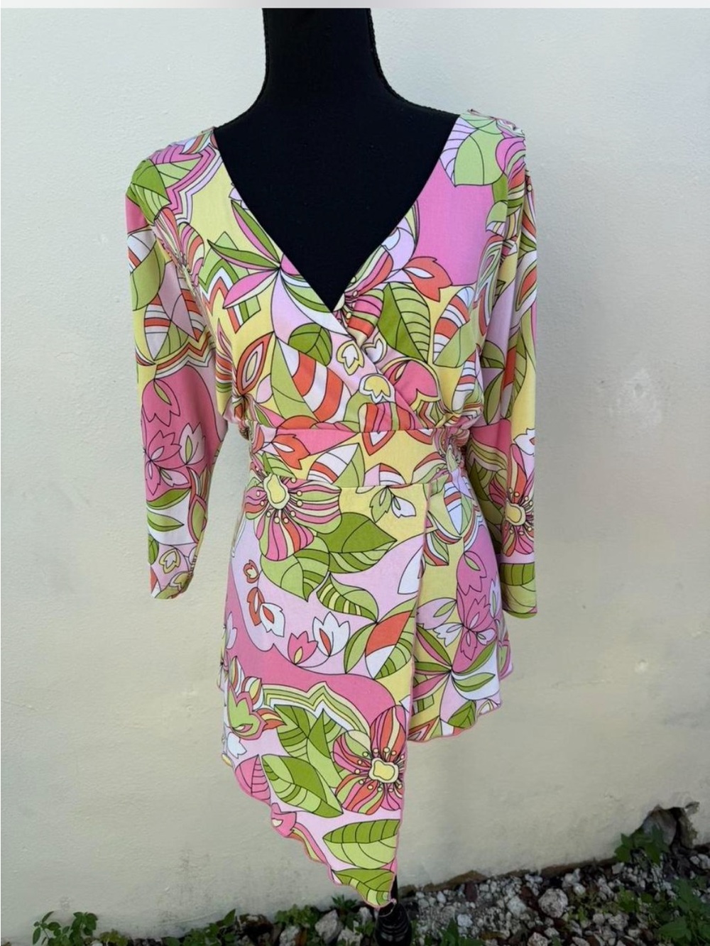 dressbarn Pink and Green Floral Wrap Tunic Top